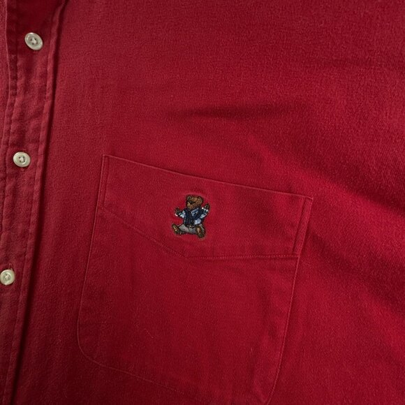 VTG Ralph Lauren Polo Bear Logo Combed Cotton Button Up Shirt Men Red Heavy Soft - Picture 2 of 16